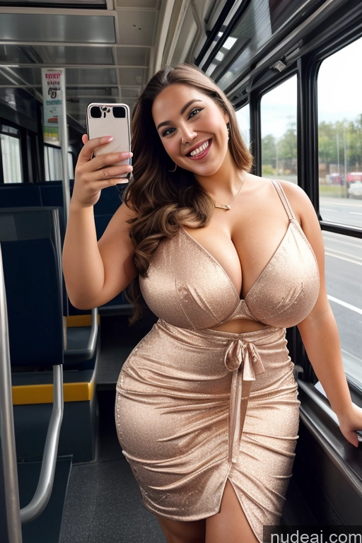 ai nude image of araffe woman in a dress taking a selfie on a bus pics of Woman 30s Busty Thick Chubby Beautiful Bus Satin One Mirror Selfie Front View Long Hair Happy Dress Huge Boobs Big Hips