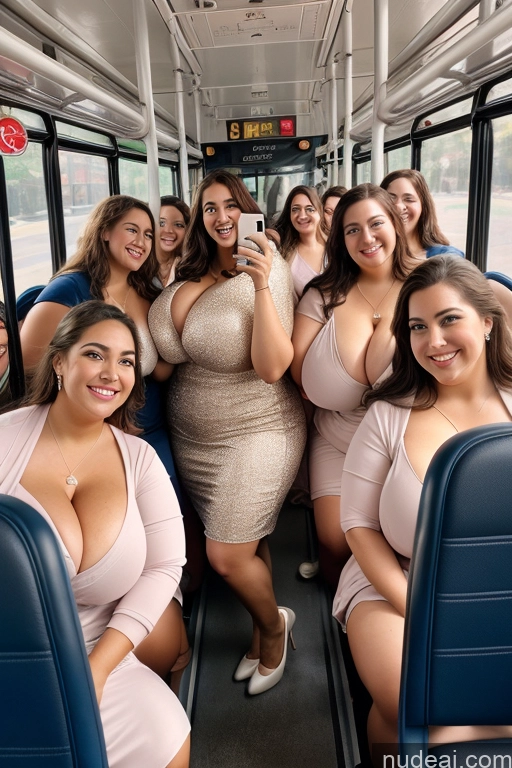 ai nude image of araffes on a bus with a group of women taking a picture pics of Woman 30s Busty Thick Chubby Beautiful Bus Satin Mirror Selfie Front View Long Hair Happy Dress Huge Boobs Big Hips Big Ass Several