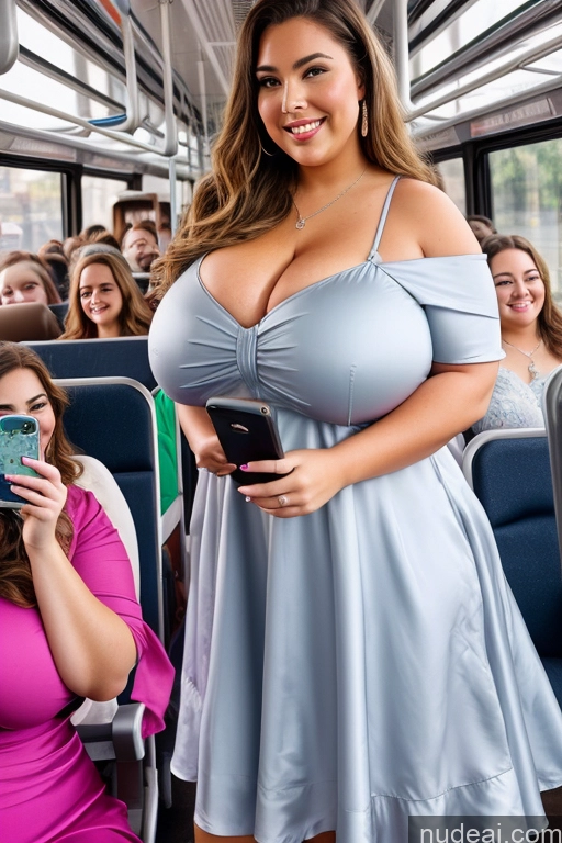 ai nude image of araffe woman in a blue dress on a bus taking a picture of herself pics of Woman 30s Busty Thick Chubby Beautiful Bus Satin Mirror Selfie Front View Long Hair Happy Dress Huge Boobs Big Hips Big Ass Several