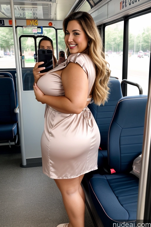 ai nude image of araffe woman in a dress taking a picture of herself on a bus pics of Woman 30s Busty Thick Chubby Beautiful Bus Satin Mirror Selfie Front View Long Hair Happy Dress Huge Boobs Big Hips Big Ass Several