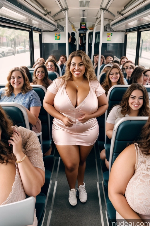 ai nude image of there are many women on a bus with one woman smiling pics of Woman 30s Busty Thick Chubby Beautiful Bus Satin Mirror Selfie Front View Long Hair Happy Dress Huge Boobs Big Hips Big Ass Several