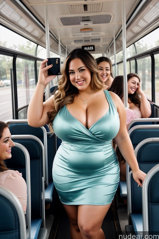 ai nude image of araffe woman in a blue dress on a bus taking a picture pics of Woman 30s Busty Thick Chubby Beautiful Bus Satin Mirror Selfie Front View Long Hair Happy Dress Huge Boobs Big Hips Big Ass Several