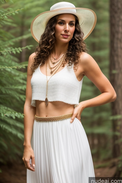 ai nude image of arafed woman in a white dress and hat posing for a picture pics of Woman One Tall Brunette Curly Hair White Hat Transparent Jewelry Long Skirt 30s