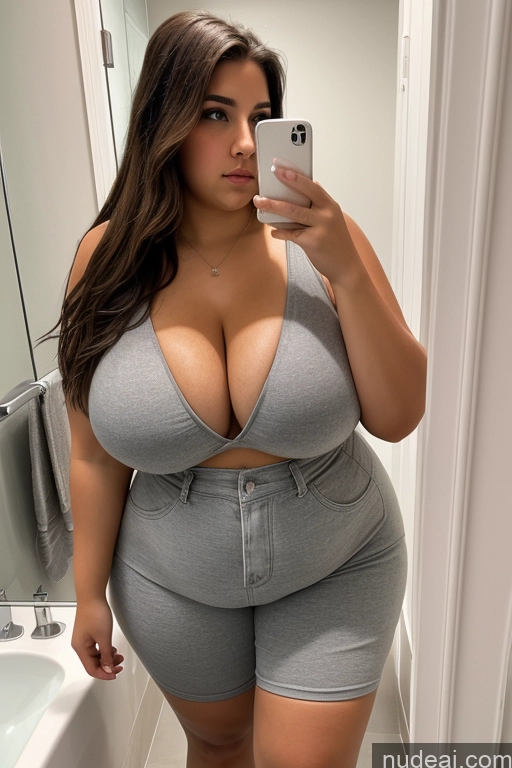 ai nude image of araffe woman taking a selfie in a bathroom mirror pics of Woman One Thick 18 Serious Brunette Long Hair French Mirror Selfie Bathroom Front View Casual Fat Big Ass Big Hips Huge Boobs