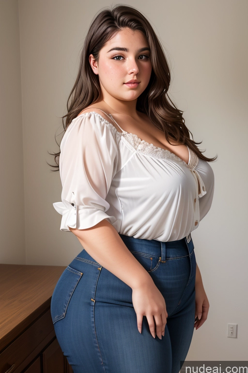 ai nude image of araffed woman in a white blouse and jeans posing for a picture pics of Woman One Thick Big Ass Big Hips 18 Brunette Long Hair French Front View Jeans Chemise Chubby Blouse Small Tits Shirt Suit