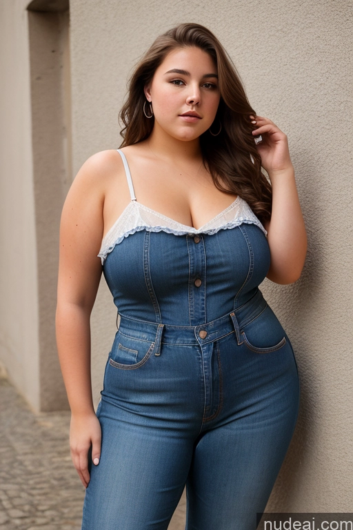 ai nude image of araffed woman in a denim jumpsuit leaning against a wall pics of Woman One Thick Big Ass Big Hips 18 Brunette Long Hair French Front View Jeans Chemise Chubby Small Tits Shirt Suit