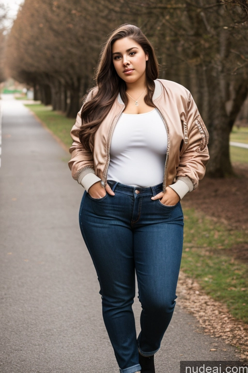 ai nude image of arafed woman in jeans and a jacket standing on a road pics of Woman One Thick Big Ass Big Hips 18 Brunette Long Hair French Front View Jeans Chubby Small Tits Bomber Blouse Casual