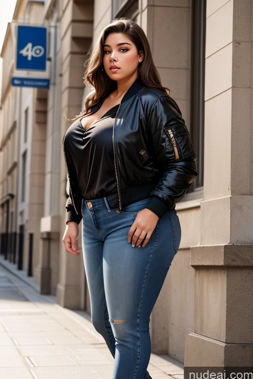 ai nude image of araffe woman in black jacket and jeans standing on sidewalk next to building pics of Woman One Thick Chubby Big Hips Big Ass 18 Serious Brunette Long Hair French Front View Blouse Bomber Casual Jeans