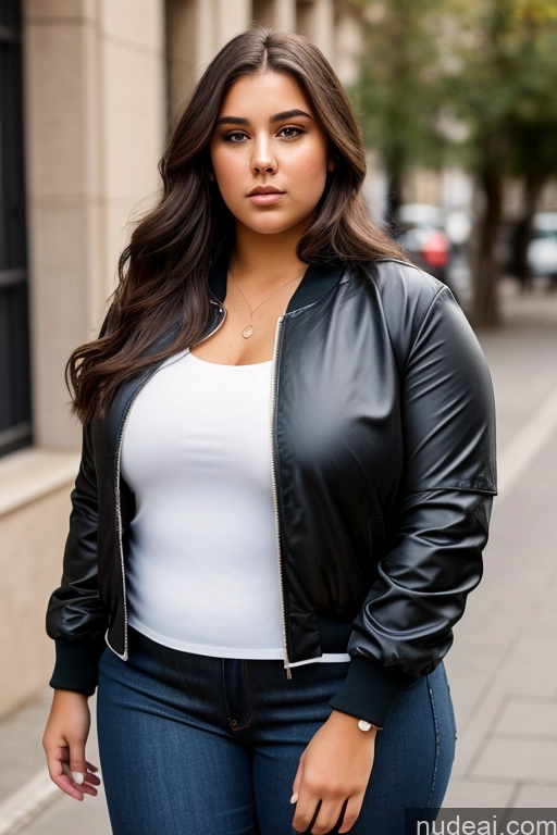 ai nude image of araffe woman in a black leather jacket and jeans standing on a sidewalk pics of Woman One Thick Chubby Big Hips Big Ass 18 Serious Brunette Long Hair French Front View Blouse Bomber Casual Jeans