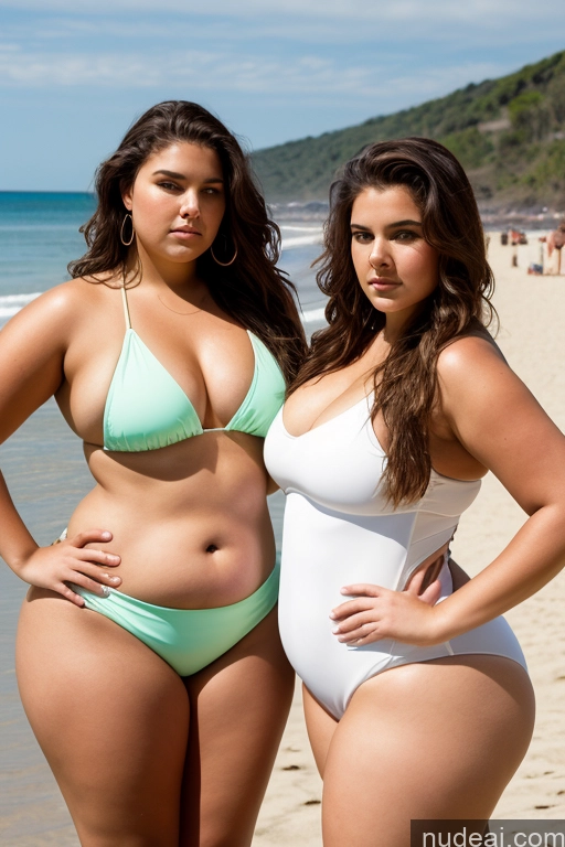 ai nude image of two women in swimsuits standing on a beach near the ocean pics of Woman Thick Chubby Big Hips Big Ass 18 Serious Brunette Long Hair French Front View One Piece Swimsuit Fat Two Beach