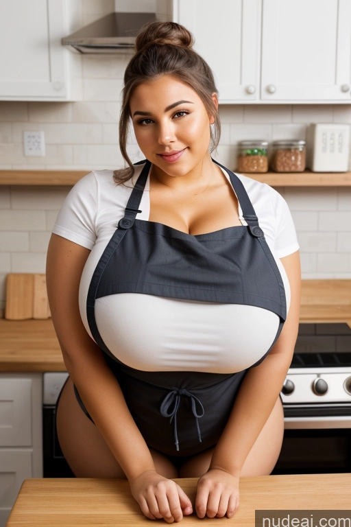 ai nude image of there is a woman in a black apron posing for a picture pics of Woman One Busty Huge Boobs Perfect Boobs Beautiful Big Ass Thick Big Hips British Hair Bun Kitchen Apron 18