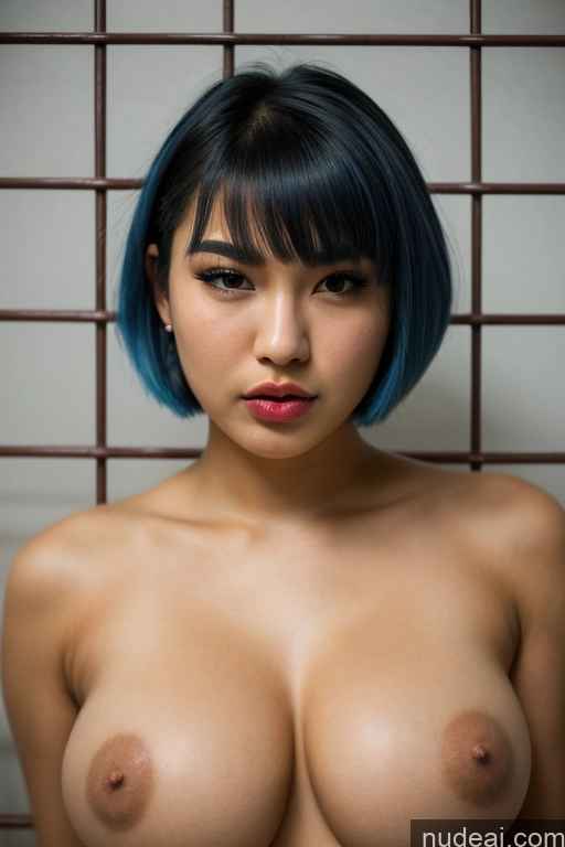 ai nude image of arafed asian woman with blue hair posing naked in front of a fence pics of One Busty Perfect Boobs Beautiful Skinny Perfect Body Tanned Skin Big Hips Angry Film Photo Prison Front View Nude Lingerie Model Japanese 18 Short Hair Blue Hair Pouting Lips