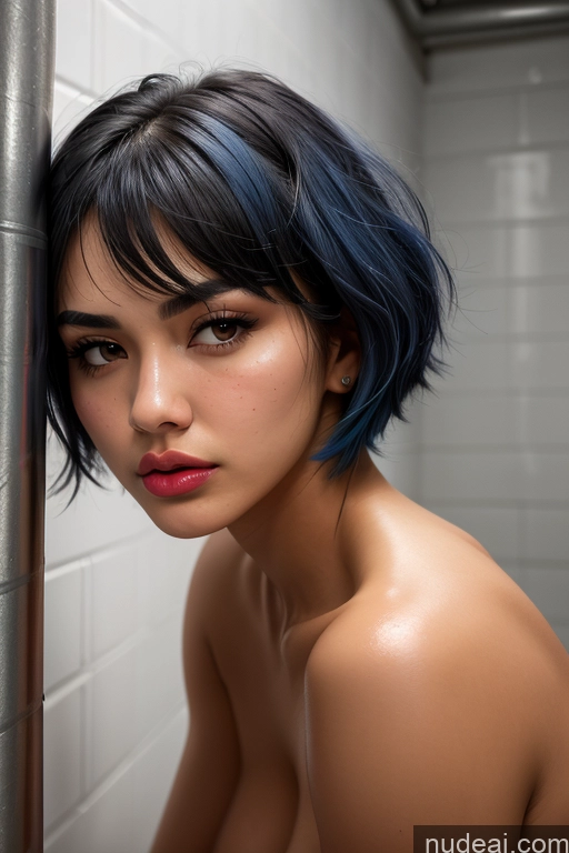 ai nude image of arafed woman with blue hair posing in a bathroom pics of One Perfect Boobs Beautiful Skinny Perfect Body Tanned Skin Angry Film Photo Prison Front View Nude Japanese 18 Short Hair Blue Hair Pouting Lips Athlete Abs Small Ass Small Tits