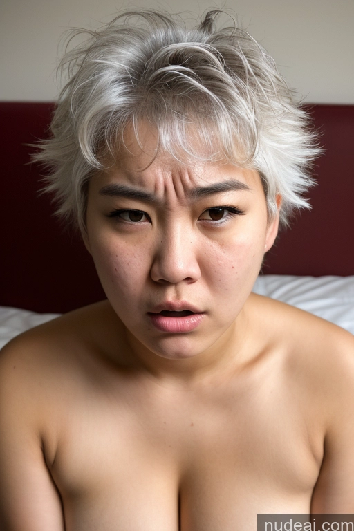 ai nude image of there is a woman with a very big breast sitting on a bed pics of Short Big Ass Small Tits Beautiful 18 White Hair Messy Front View Angry Thick Asian