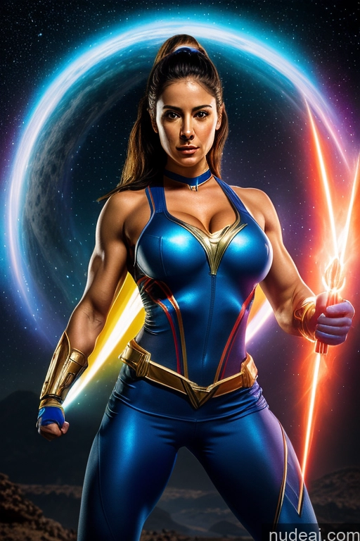 ai nude image of arafed woman in a blue outfit holding a sword in front of a planet pics of Israel Superhero Power Rangers Busty Muscular Abs Science Fiction Style Powering Up