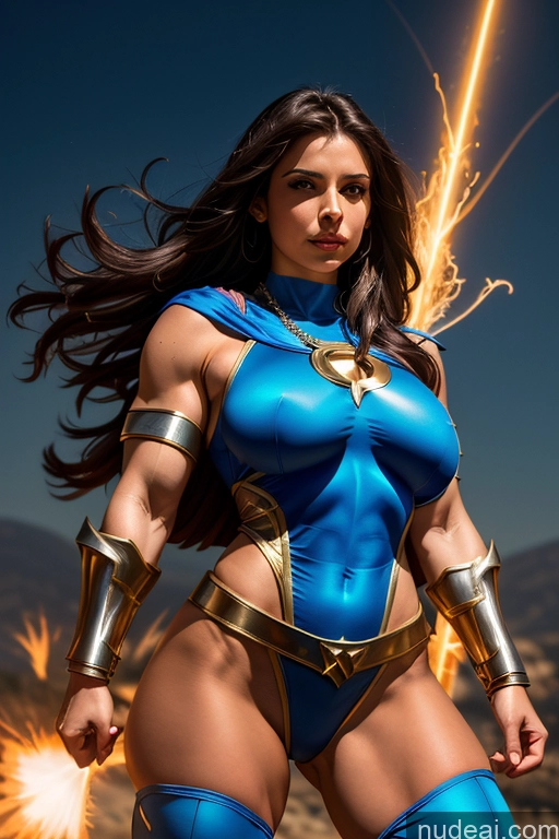 ai nude image of arafed woman in a blue costume with a sword and a firework pics of Israel Superhero Busty Small Tits Muscular Abs Knight Superheroine Fantasy Armor Powering Up