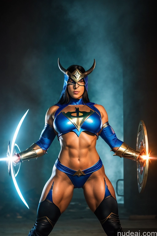 ai nude image of arafed female warrior with a sword and shield in a dark room pics of Israel Superhero Busty Small Tits Muscular Abs Superheroine Fantasy Armor Powering Up