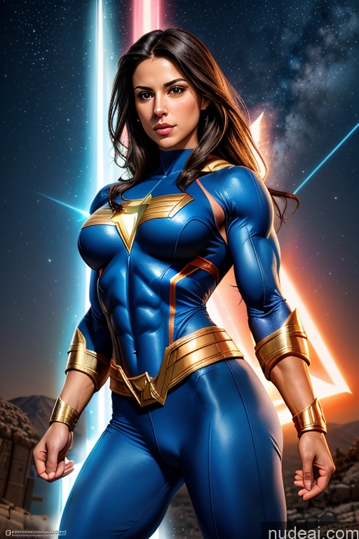 ai nude image of a close up of a woman in a blue costume posing for a picture pics of Israel Jewish Muscular Abs Busty Small Tits Mary Thunderbolt Powering Up Superheroine