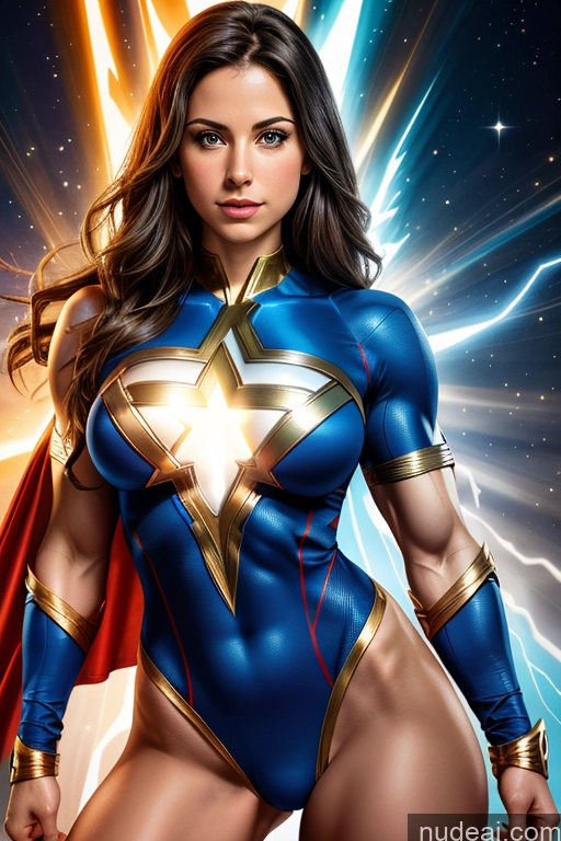 ai nude image of a close up of a woman in a blue and gold costume pics of Israel Jewish Muscular Abs Busty Small Tits Mary Thunderbolt Powering Up Superheroine Fairer Skin Superhero