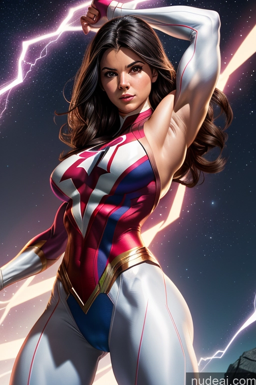 ai nude image of a close up of a woman in a superhero costume with lightning in the background pics of Mary Thunderbolt Spider-Gwen Muscular Busty Powering Up