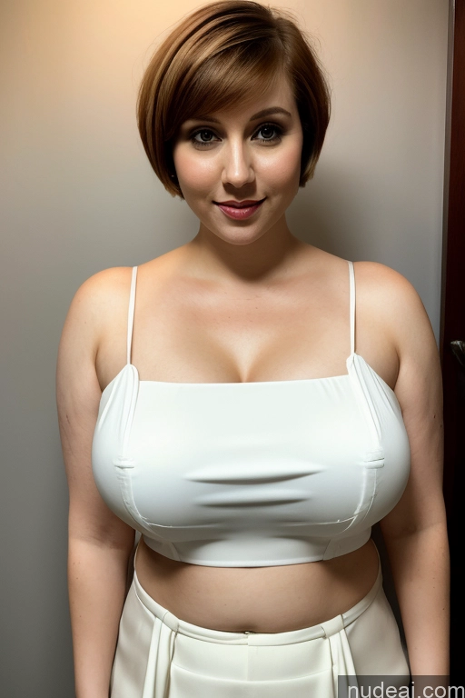 ai nude image of there is a woman in a white top posing for a picture pics of Beautiful Busty Big Hips Fairer Skin 30s Ginger Short Hair French Blouse Sari Dark Lighting