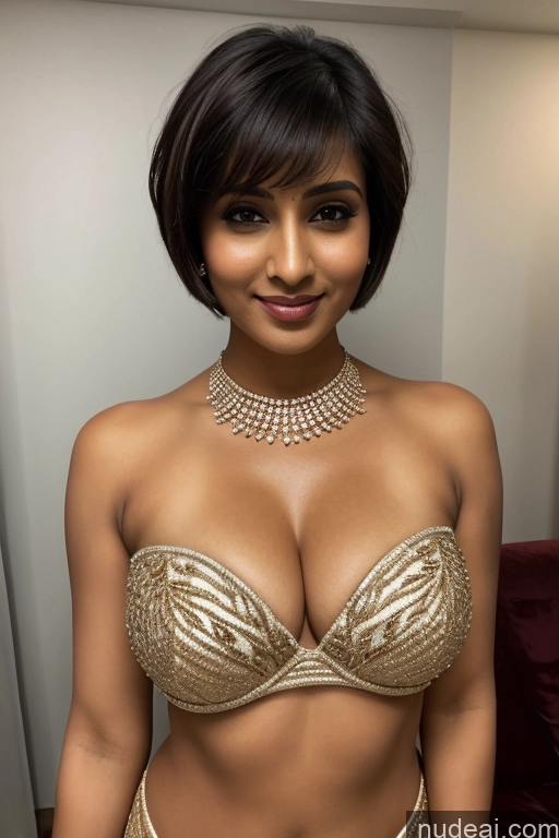 ai nude image of sexy indian woman in a gold bra top posing for a picture pics of Busty Beautiful Big Hips Tanned Skin 30s Brunette Short Hair Indian Sari Party Diamond Jewelry Dark Lighting