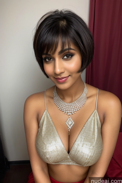 ai nude image of there is a woman in a gold dress posing for a picture pics of Busty Beautiful Big Hips Tanned Skin 30s Brunette Short Hair Indian Sari Party Diamond Jewelry Dark Lighting