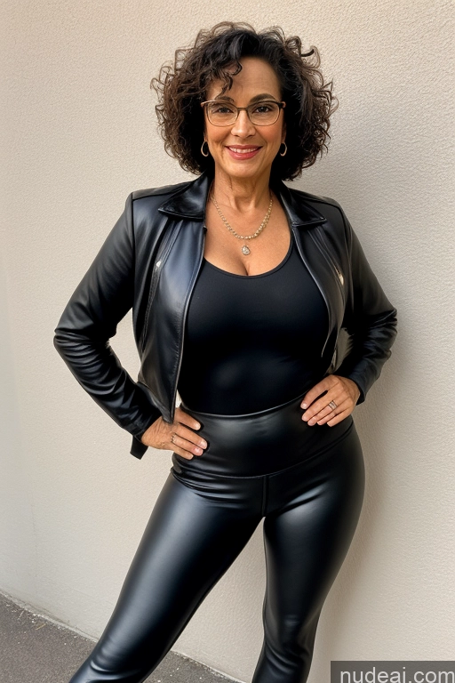 ai nude image of there is a woman in a black leather jacket and pants posing for a picture pics of One Glasses Short 60s Sexy Face Black Hair Curly Hair Italian Film Photo Front View High Heels Secretary Yoga Pants Jewelry Jacket Leather Lingerie Milf