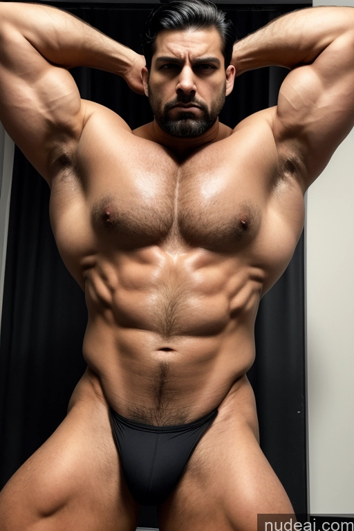 ai nude image of arafed man in a black underwear posing for a picture pics of Bodybuilder Huge Boobs Tattoos Muscular Big Ass Abs Thick Big Hips Long Legs Tall Pubic Hair 60s Angry Black Hair Jewish T-pose Close-up View