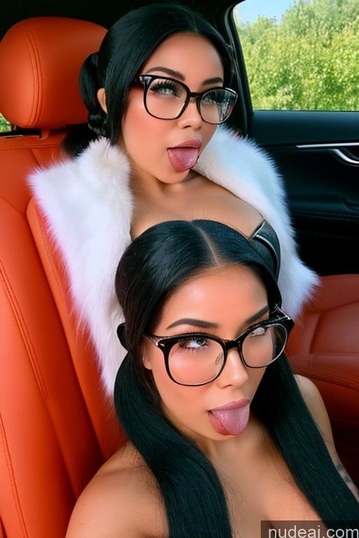 ai nude image of there are two women sitting in a car with their mouths open pics of Bimbo One Busty Beautiful Tattoos Glasses Big Ass Big Hips Tanned Skin 18 Ahegao Black Hair Pigtails Asian Surrealist Car Close-up View Blowjob Nude