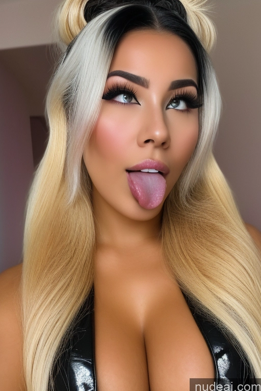 ai nude image of blond woman with long hair sticking out her tongue and wearing a black top pics of Bimbo One Busty Beautiful Tattoos Glasses Big Ass Big Hips Tanned Skin 18 Ahegao Black Hair Pigtails Asian Surrealist Close-up View Blowjob Nude Bathroom