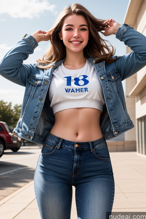 related ai porn images free for Sorority One Fairer Skin 18 Happy Brunette Straight White Front View Crop Top Jeans Jacket