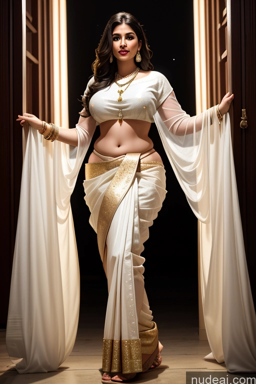 ai nude image of araffe woman in a white sari posing for a picture pics of Perfect Boobs Big Ass Thick Big Hips Long Legs Fairer Skin 40s Indian Sari Traditional Bright Lighting Dark Lighting Jewelry Front View Detailed