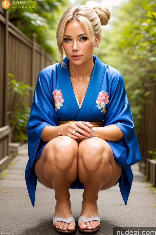 ai nude image of arafed woman in a blue kimono kneeling on a sidewalk pics of Woman One Beautiful 50s Sexy Face Blonde Hair Bun Squatting Kimono