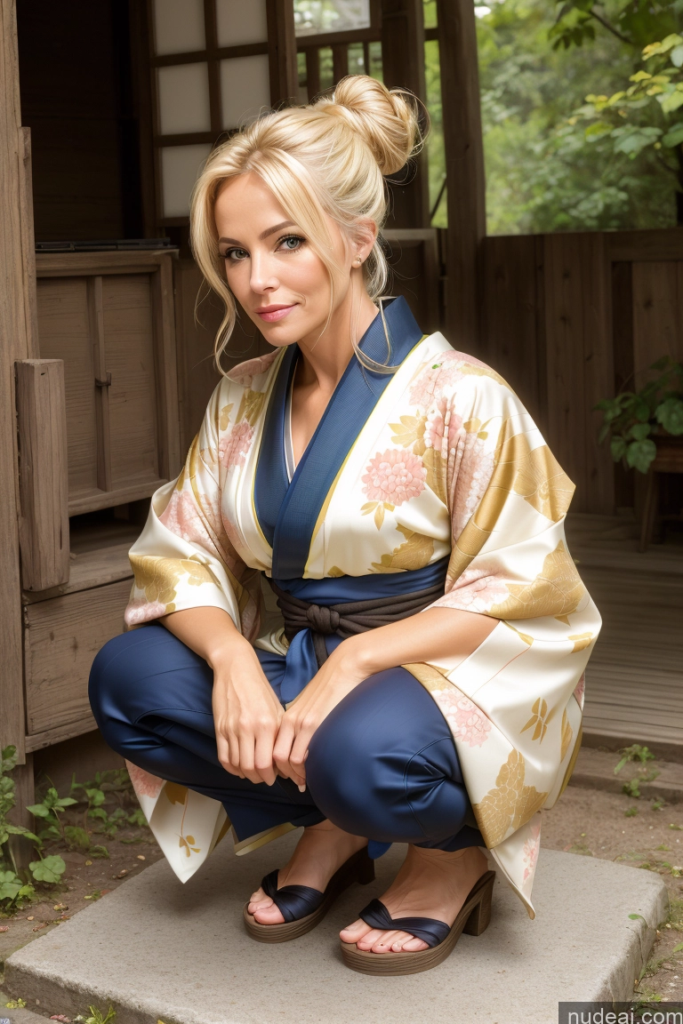 ai nude image of blonde woman in kimono sitting on a step in front of a house pics of Woman One Beautiful 50s Sexy Face Blonde Hair Bun Squatting Kimono German