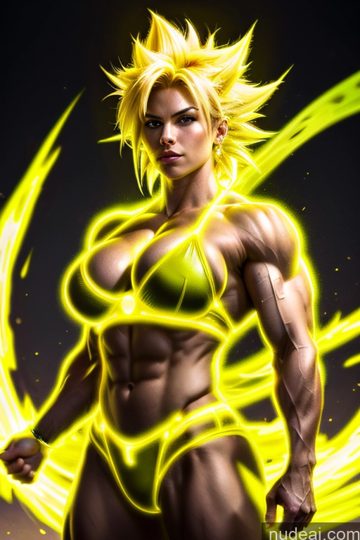 ai nude image of a close up of a person with a body of yellow light pics of Busty Muscular Super Saiyan 3 Super Saiyan Science Fiction Style Abs Bodybuilder Powering Up Neon Lights Clothes: Yellow