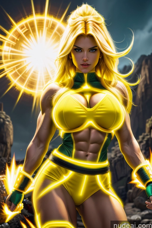 ai nude image of a close up of a woman in a yellow outfit with a yellow light pics of Busty Muscular Super Saiyan 3 Super Saiyan Science Fiction Style Abs Powering Up Neon Lights Clothes: Yellow Superhero Superheroine