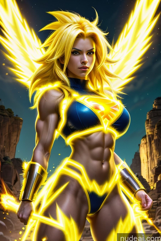 ai nude image of a close up of a woman with a yellow and blue outfit pics of Busty Muscular Super Saiyan 3 Super Saiyan Science Fiction Style Abs Powering Up Neon Lights Clothes: Yellow Superhero Superheroine