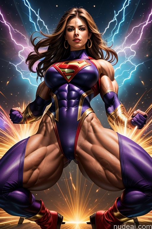 ai nude image of a woman in a purple suit and red boots posing for a picture pics of Muscular Powering Up Busty Superhero Abs Several Superheroine