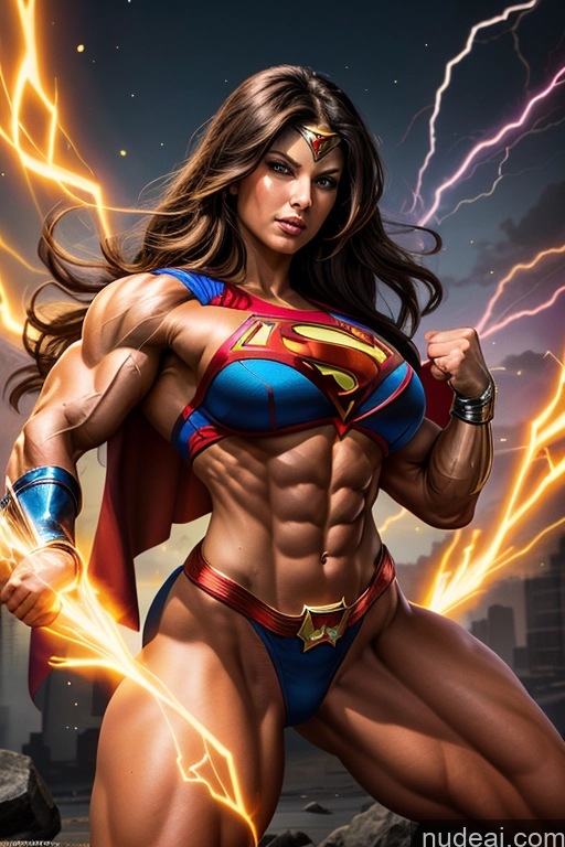 ai nude image of a close up of a woman with a superman costume posing for a picture pics of Muscular Powering Up Busty Superhero Abs Several Superheroine