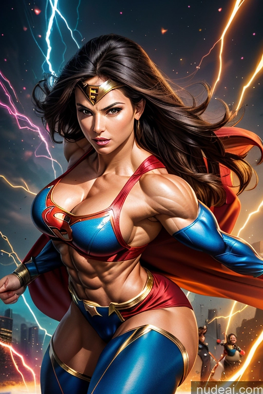 ai nude image of a close up of a woman in a superhero costume with lightning in the background pics of Muscular Powering Up Busty Superhero Abs Several Superheroine Perfect Boobs