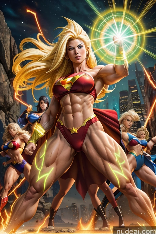 ai nude image of a close up of a woman in a red bikini surrounded by other women pics of Superheroine Busty Muscular Abs Superhero Powering Up Several Super Saiyan 3