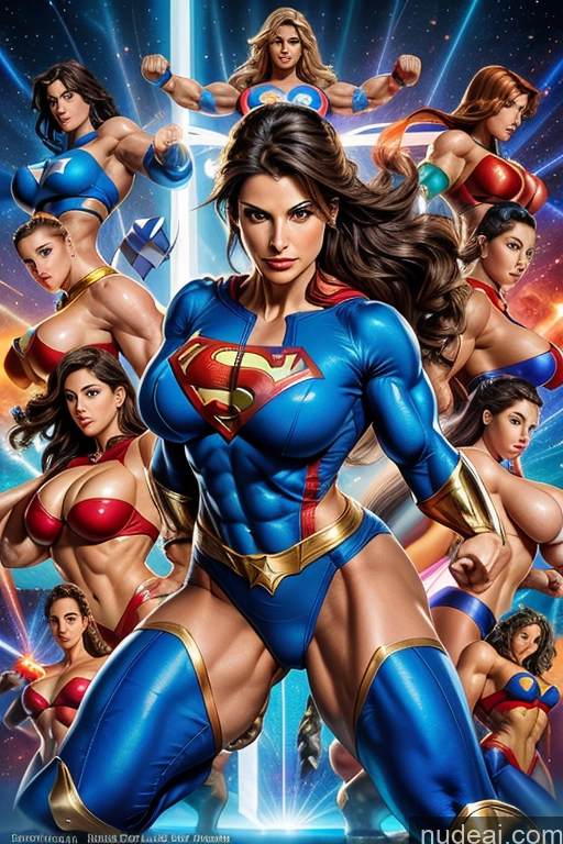 ai nude image of a close up of a woman in a blue costume surrounded by women pics of Busty Muscular Abs Superhero Powering Up Several Israel Jewish Superheroine