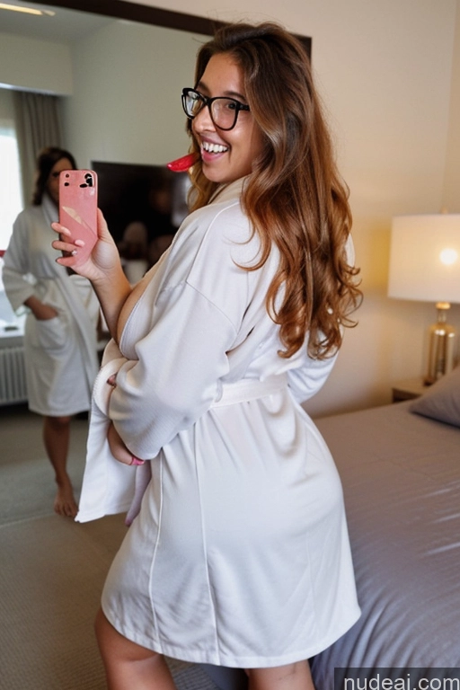 ai nude image of there is a woman in a robe taking a picture of herself pics of Woman Huge Boobs Beautiful Glasses Tanned Skin 30s Ginger Messy Greek Thick Chubby Fat Busty Bathrobe Dress Laughing Blowjob Two Mirror Selfie