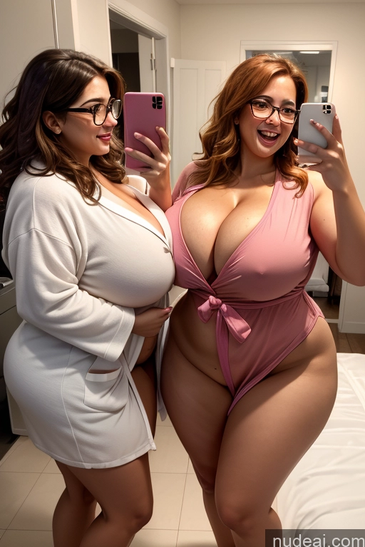 ai nude image of two women in pink swimsuits taking a selfie in a bathroom pics of Woman Huge Boobs Beautiful Glasses Tanned Skin 30s Ginger Messy Greek Thick Chubby Fat Busty Bathrobe Dress Laughing Blowjob Two Mirror Selfie