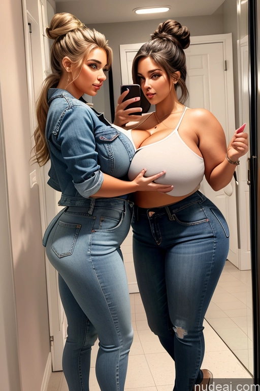 ai nude image of two women in jeans are taking a selfie in a mirror pics of Woman Busty Perfect Boobs Beautiful Big Ass Thick Perfect Body Hair Bun Russian Big Hips Huge Boobs Two Bathroom Mirror Selfie Jacket Jeans