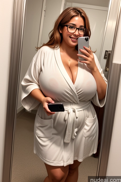 related ai porn images free for Woman Huge Boobs Beautiful Glasses Tanned Skin 30s Ginger Messy Greek Thick Chubby Fat Busty Bathrobe Dress Laughing Mirror Selfie One