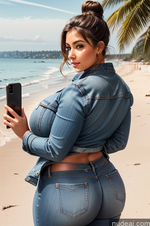 ai nude image of araffe woman in jeans posing on the beach with her cell phone pics of Woman Busty Perfect Boobs Beautiful Big Ass Thick Perfect Body Hair Bun Russian Big Hips Huge Boobs Mirror Selfie Jacket Jeans Beach