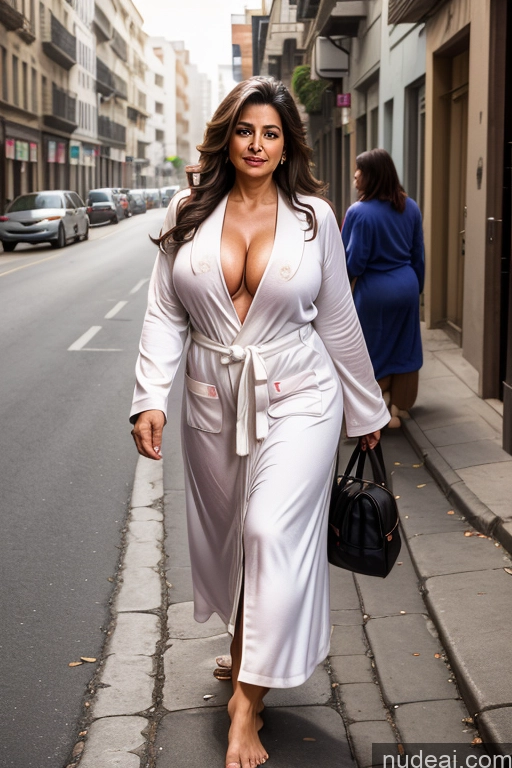 ai nude image of araffe woman in white robe walking down the street pics of Milf One Busty Big Ass Thick 70s Long Hair Brunette Indian Street Bathrobe Cleavage