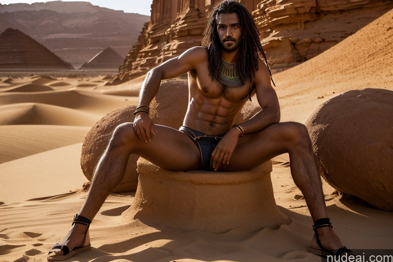 ai nude image of arafed man sitting on a rock in the desert pics of Abs Long Legs Perfect Boobs Oiled Body Tanned Skin Pubic Hair 30s Black Hair Egyptian Dark Fantasy Desert Tribal Dark Lighting Detailed Model Slicked